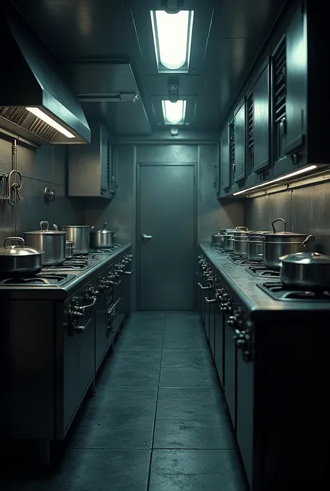 A very clean and well-adjusted ships kitchen. Make this image very dark and very tense