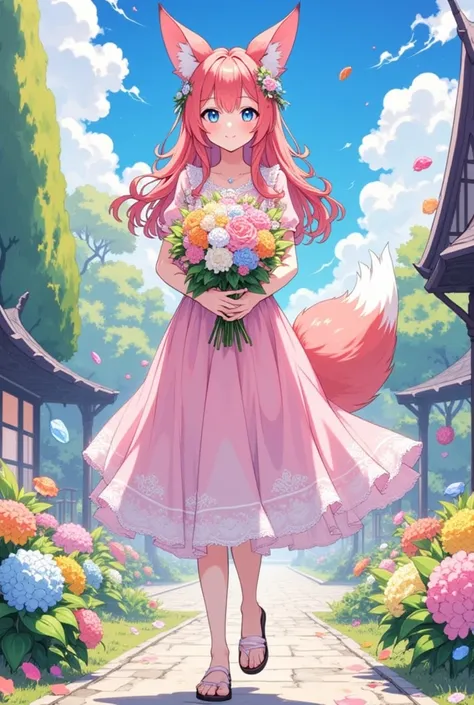 a beautiful 21-year-old anime fox girl with bright blue eyes , long, (ruby red long hair:1.5),  fox ears and a bushy fox tail , ...