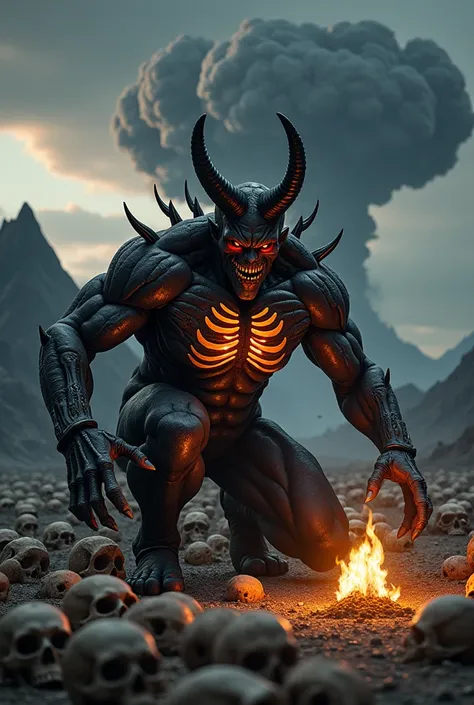 The image depicts a dark, apocalyptic scene dominated by a powerful, sinister figure in the foreground. This demonic entity crouches amidst a vast field of human skulls and bones, exuding a menacing presence. His muscular, humanoid body is covered in dark,...