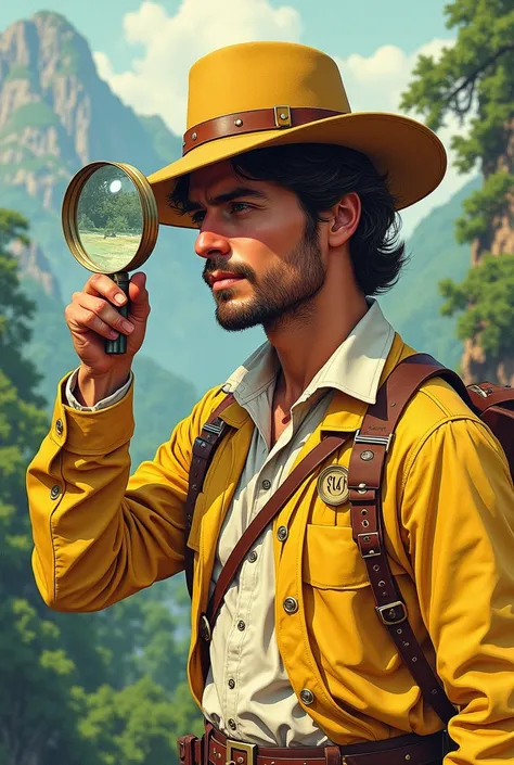 drawing of a man in a yellow and white explorer outfit with a yellow hat holding a magnifying glass at eye level