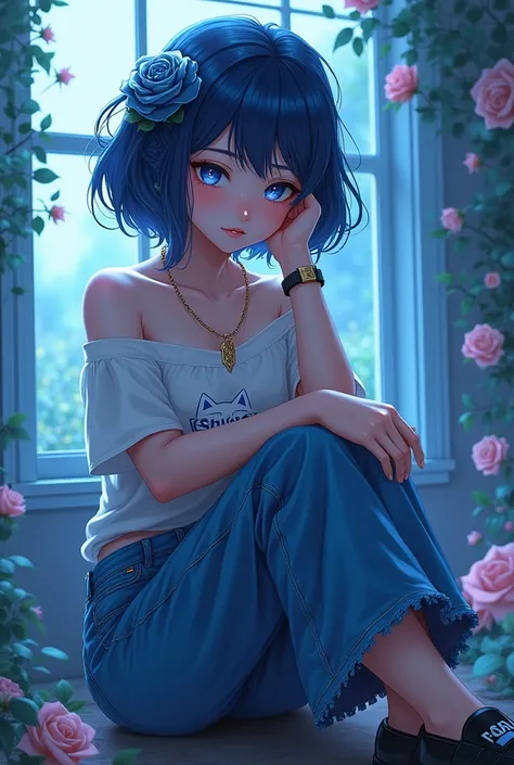 A beautiful anime girl with a cool blue girl with a very shiny essence. Her hair is dark blue and shaped like a rose. She pumps a chain, an earring and a watch. She wears a wide jeans and a shirt with a small cat and is wearing shoes that look like police ...