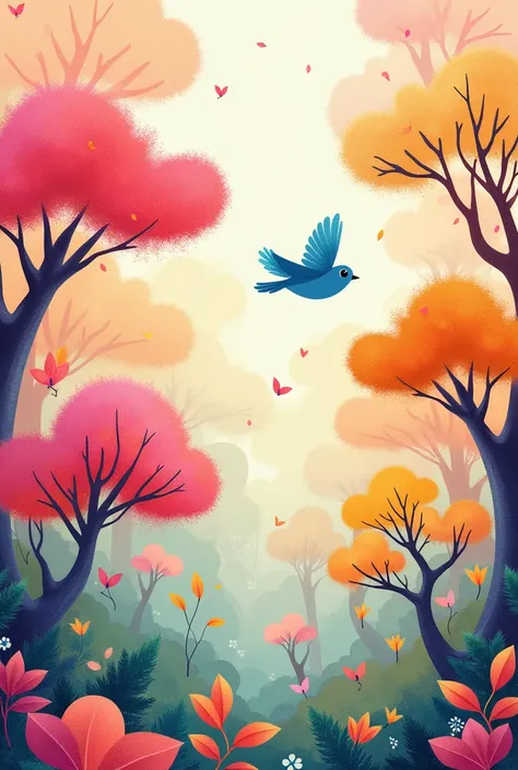  fairy tale、 ポップでスタイリッシュなIllustration 、  beautiful colorful leaf tree   、Breathtaking design   、Sophisticated,  Attractive Beautiful Illustration  ,  a small, Tiny,   fine flying blue bird  、 Beautiful atmosphere  、  バランスよく配置された10本の木のカラフルなIllustration 、Cle...