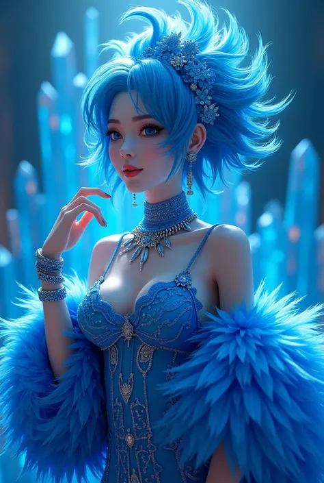 blue feather duster , bracelets bleus, demi-corps, Smile,  support necklace ,  unparalleled masterpiece, ultra realistic 8k cg,  illustration parfaite,  attractive posture , pose sexy, concours,  beautiful face of Skade , visage pur, Pale skin, complex det...