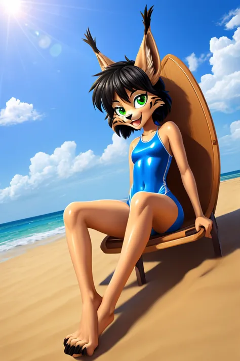 lynx is a slim skinny cartoon girl in a tight lycra swimsuit on the beach with a happy face,  green eyes ,  black hair , black t...