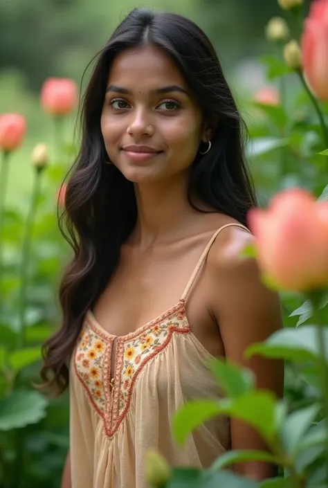 Indian  , 20 Year Old Girl ,Full Realistic Photo , Simple Face , Walking In Garden, 