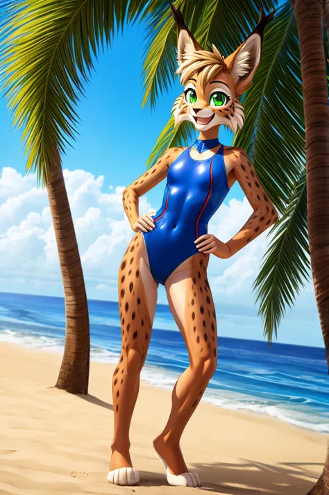 lynx is a slim skinny cartoon girl in a tight lycra swimsuit on the beach with a happy face,  green eyes ,  full-length striped ...