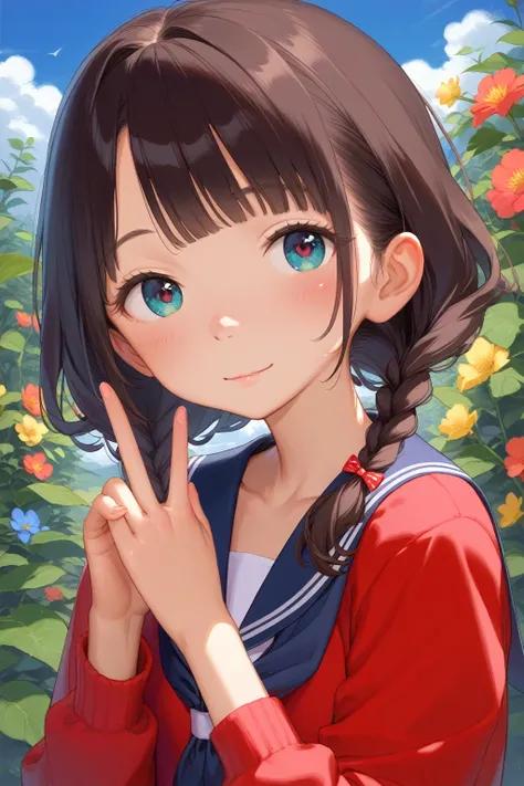 Highest quality、Beautiful eyes、Detailed eyes、 cute face、 babyface、 elementary school students、 sailor suit、Black Hair、 hair with braids、Blue sky and grassland、girl 、whole body、 hair flutters in the wind、Run your hair over your ear with your finger