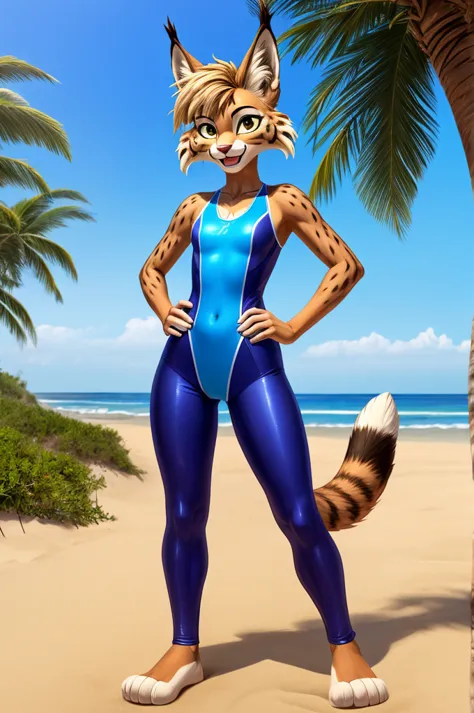 lynx is a slim skinny cartoon girl in a tight lycra swimsuit on the beach with a happy face,  big feet,  full-length striped flu...