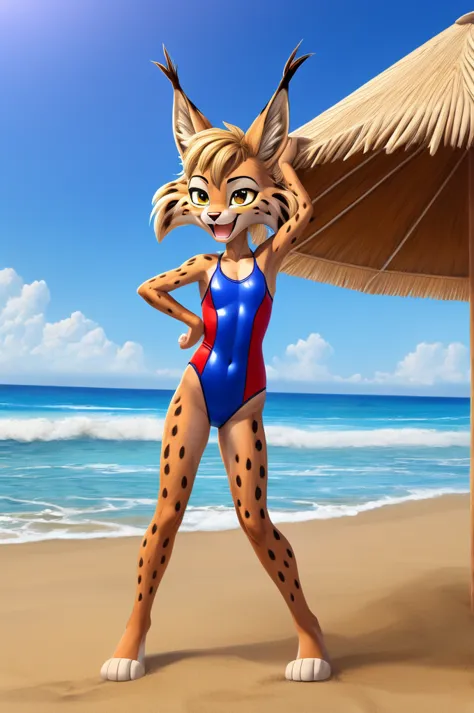 lynx is a slim skinny cartoon girl in a tight lycra swimsuit on the beach with a happy face,  big feet,  full-length striped flu...