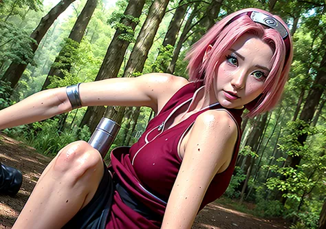 a detailed scene of sakura haruno,  as a 1950s japanese ninja movie.realistic,same clothes, in a forest, ninja village