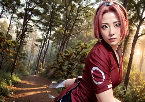 a detailed scene of sakura haruno,  as a 1950s japanese ninja movie.realistic,same clothes, in a forest, ninja village