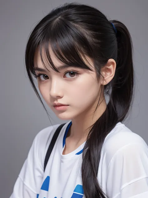 sporty girl,  dynamic pictures , black hair, long hair,  ponytail, bangs, thready hairstyle/hair,  expressive hair , droopy eyes...