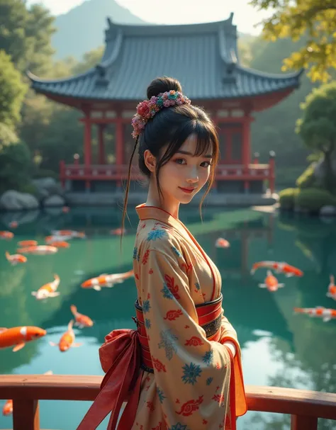 (Photorealistic), (Masterpiece), Top Quality, (Temple in ancient Japanese capital), Pond full of colorful koi carp, High quality, Extremely detailed, Intricately detailed, Subtle details, Intricately detailed, Beautiful Japanese woman, Beautiful and neat h...