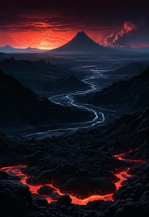 Hadean: A vast, dark expanse of a primordial landscape, filled with jagged obsidian mountains that pierce a stormy, crimson sky. Rivers of molten lava flow through the valleys, illuminating the surroundings with an eerie glow. The ground is covered in a th...