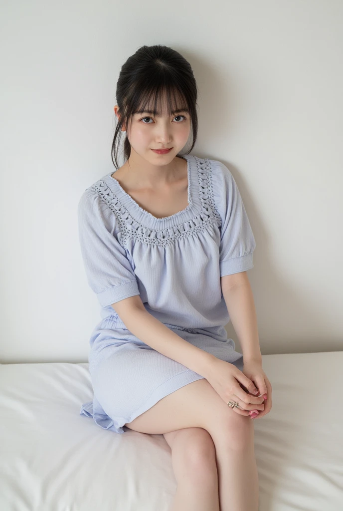 Full body shot from the front、Wearing off-the-shoulder mini one-piece pajamas, Im sitting while looking at me while taking a pose with my knees bent and legs spread, Slender bare legs 、smile、The background is a monotone 

