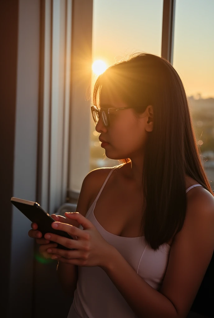 masterpiece, a korean, 20 years old woman, eyeglasses, parted lips, wearing a white camisole, is standing in front of a window. ...