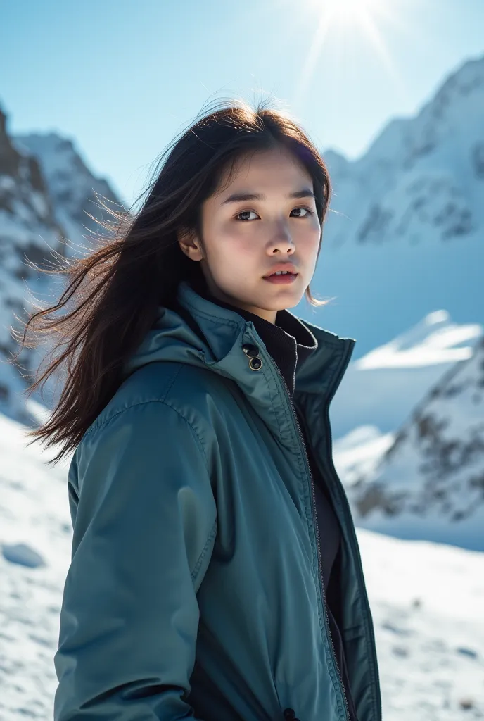 a 25 year old beautyful kpop model woman travelling in snow mountains wearing jacket and trekking pants,close up image