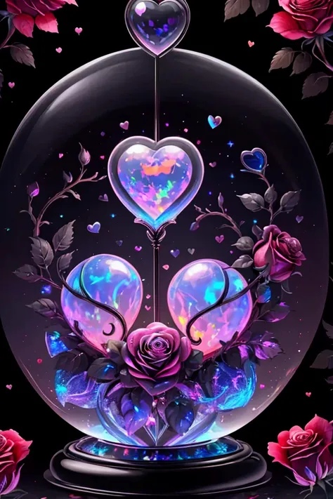 a beautiful iridescent heart with a rose inside of it, inside a hourglass .black background. vibrant, fire opal iridescent