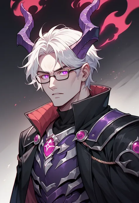 ,1 man ,solo,red aura,glowing purple eyes,white hair,horns,headgear,black coat,stylish clothes,glasses,pale skin,full armor,orna...