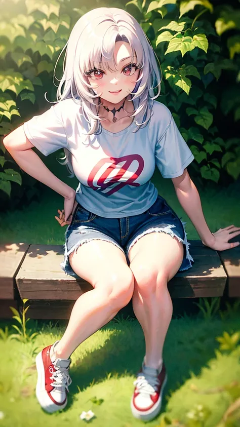 Clothing: Denim shorts and a white T-shirt. Red sneakers with thick laces. Location: On the grass in the park, in the shade. Posing: Legs slightly bent, hands slightly lifting the front of the T-shirt, smiling, slightly embarrassed.(Image:3k Pixels.Draw wi...