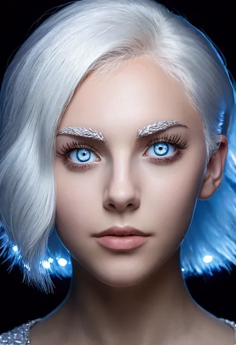 1girl, white hair, white eyelashes, white eyebrows, light blue eyes, glowing eyes, perfect face, perfect eyelashes,