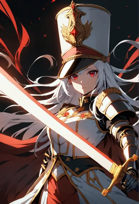 a painting of a large anime-style character with swords drawn around her, 1girl, long hair, red eyes, weapon, solo, hat, sword, uniform, gauntlets, shako cap, white hair, military uniform, military