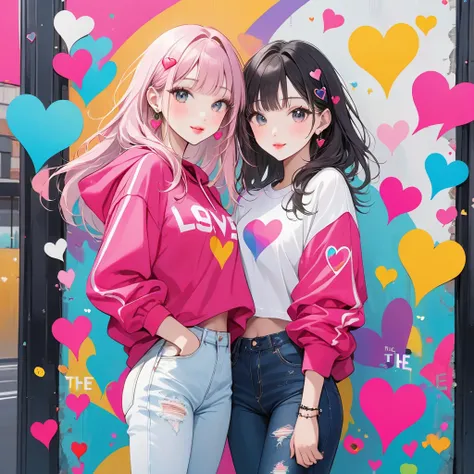 New Jeans,  black star pink and white style,  Simple Line Acronyms ，Urban Background, ((( the most beautiful girl ever))), Kind Face. Lips in Love, ((Colorful hearts)), Cute design、Sisters