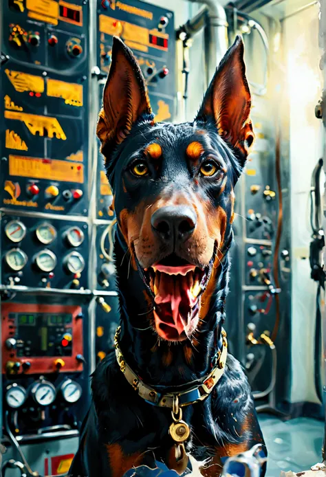 a large growling and aggressive doberman protecting a laboratory and the large pressure gage on one wall