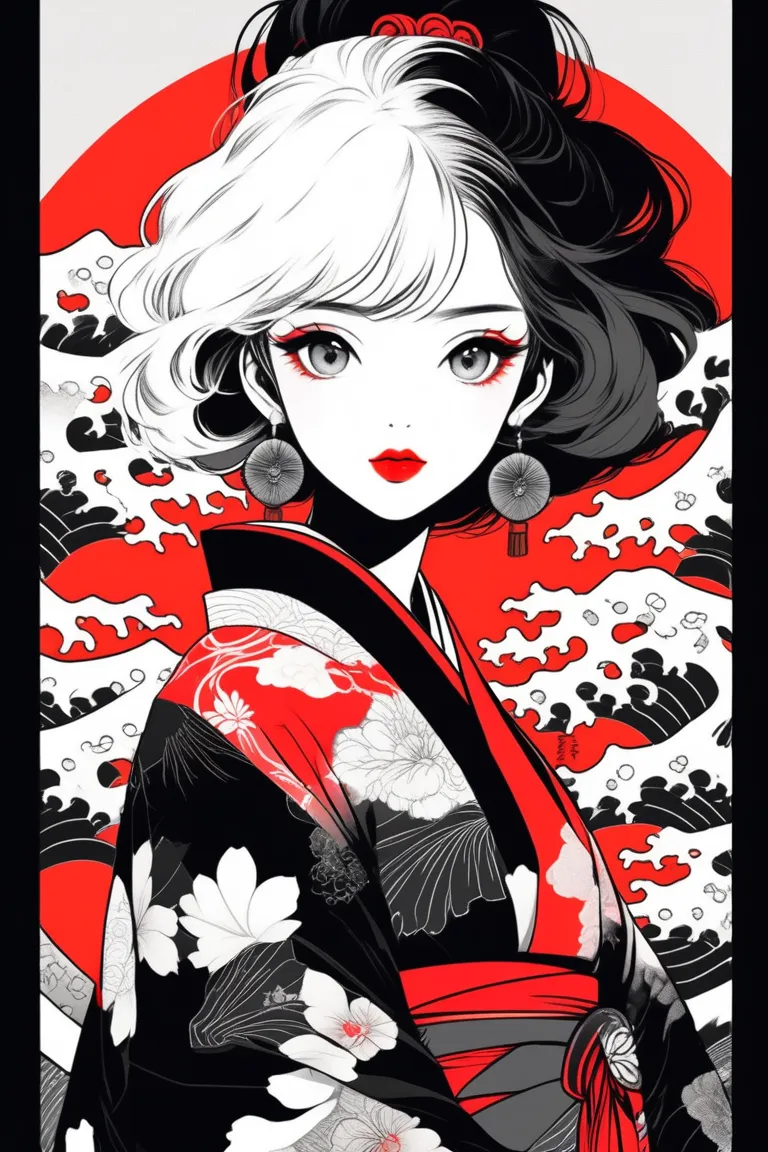 (best quality, sketch:1.2),realistic,illustrator,anime,1 girl, detailed lips, kimono,custom, black and red gradient background,n...