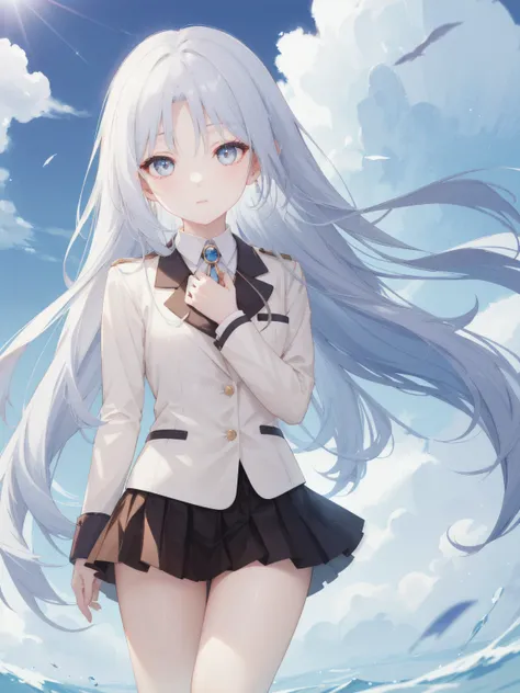 She is a charming girl，She has flowing silver hair ， expressionless face ， in a school uniform made of a dress and blazer ，A fitted jacket over her shoulders 。 Her bright eyes sparkle under the clear blue sky，On sunny days，Fluffy white clouds drifted lazil...