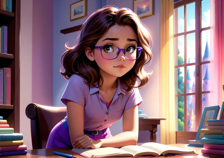 clara, small girl with brown wavy hair, using glasses, she is standing up and is listening to something, concerned expression, w...