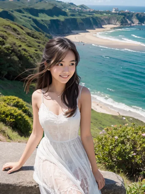 ((A girl on a hill)),
(Very high hill:1.35), 
Messy Hair, (one peace dress), 
looking at the camera,

(pacific ocean in the distance, horizon), ((Summer Memories)), 

fantastic image, 
a nice day, shine, glint, 
kind Smile,
(from above), 

(photo realistic...