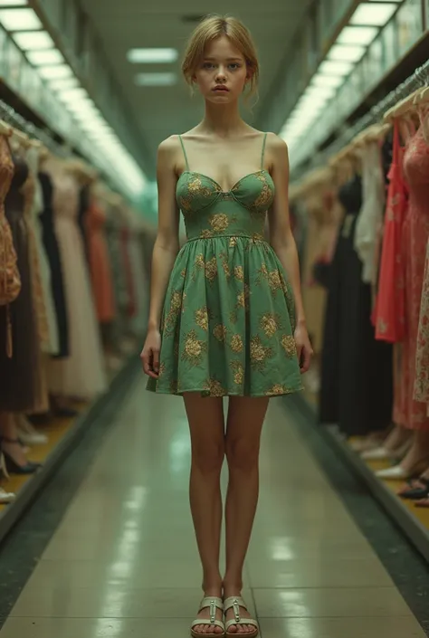 Place the head of a 17-year-old young man with very short light brown hair on the body of a skinny girl with large breasts wearing a green floral dress sandal wedge at a lingerie store