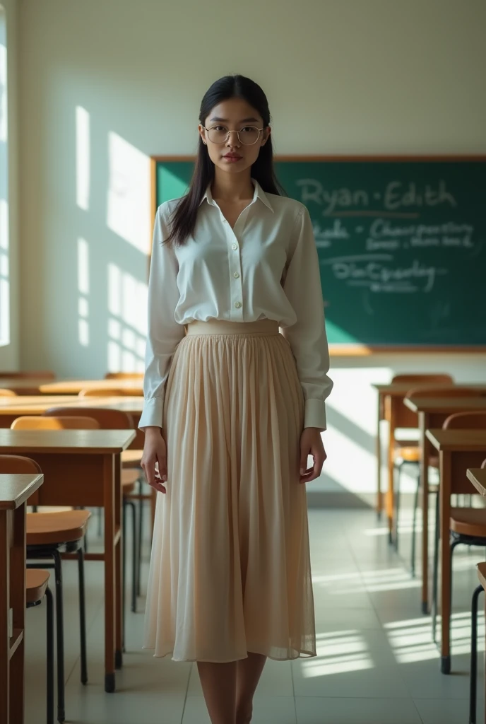 a beautiful indonesian woman, tied hair, wear glasses, wear semi formal blouse, chiffon skirt, black shoes, look back writing "Ryan Edith" on the chalkboard in front of class room. Realistic photography, look at the viewer, natural light, wide angle shot,