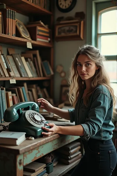 A cluttered thrift store filled with old items, books, and forgotten treasures. In the foreground, a dusty, vintage phone resting on a wooden shelf. The light from a nearby window creates a soft glow, highlighting the phones worn, retro design. Emma, a you...