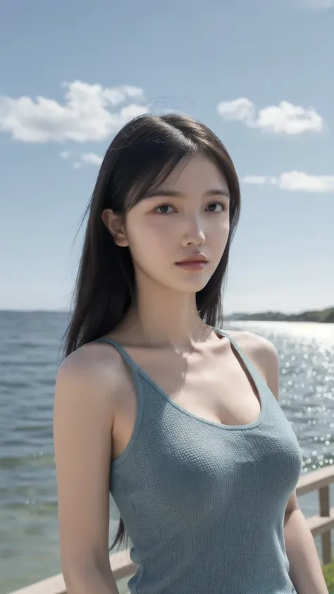 Best Quality,Masterpiece,Ultra High Resolution,(Realisticity:1.4),Original Photo,Cinematic Lighting,1Girl,backlighting,ocean,tight breast:1.5, wearing knit strap tank top, Highest quality, 8k wallpaper, Very detailed, Ultra-realistic, Sharp focus, (High re...