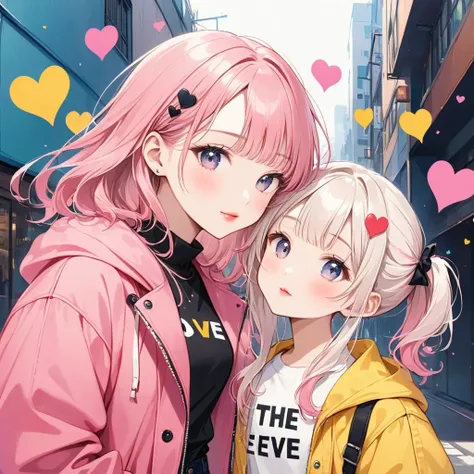 new jeansのハ二,  black star pink and white style,  Simple Line Acronyms ，Urban Background, ((( the most beautiful girl ever))), Kind Face. Lips in Love, ((Colorful hearts)), Cute design、Sisters、Height difference、My little sister has a one-side up hairstyle