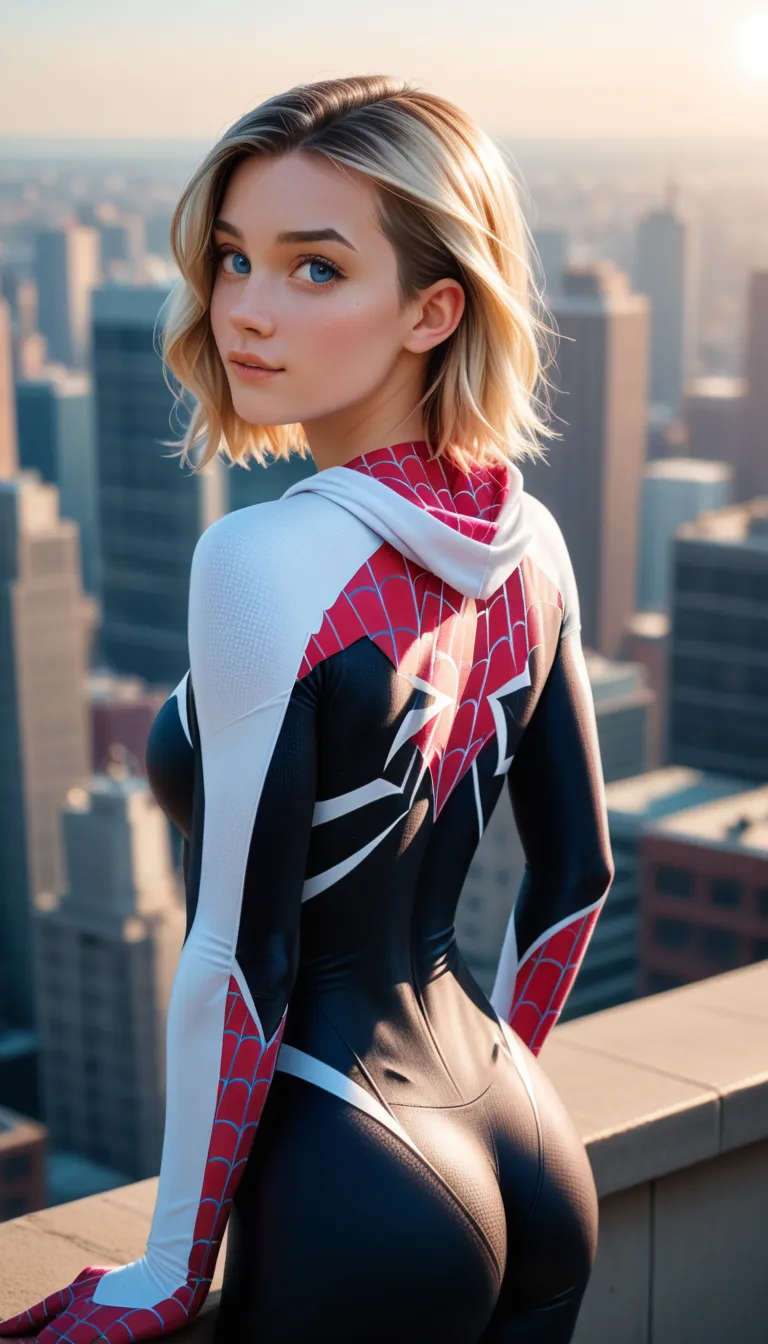 score_9, score_8_up, score_7_up, photorealistic, (back view), (spidergwen), g_s, 1girl, blonde, blue eyes, superhero suit, looki...