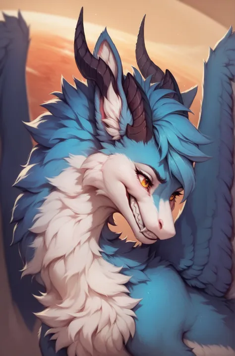 furry art, feral, furred dragon, female, portrait, white and blue fur, thicc, wings, horns, tail, chest fluff, paws, fangs,  ton...