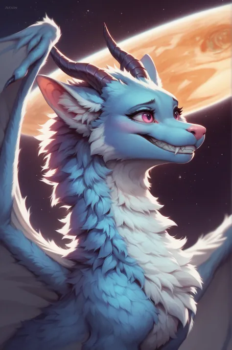 furry art, feral, furred dragon, female, portrait, white and blue fur, thicc, wings, horns, tail, chest fluff, paws, fangs,  ton back,  embarrassed,grin,  staring off into space, extra fluffy,  staring off into space, extra fluffy, quadruped, 