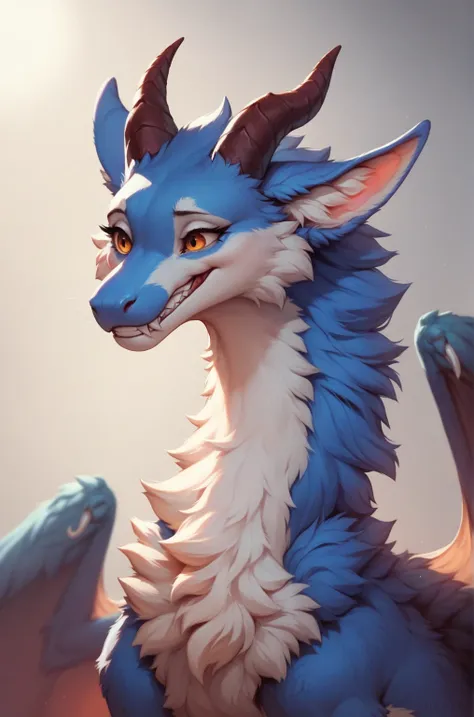 furry art, feral, furred dragon, female, portrait, white and blue fur, thicc, wings, horns, tail, chest fluff, paws, fangs,  ton...