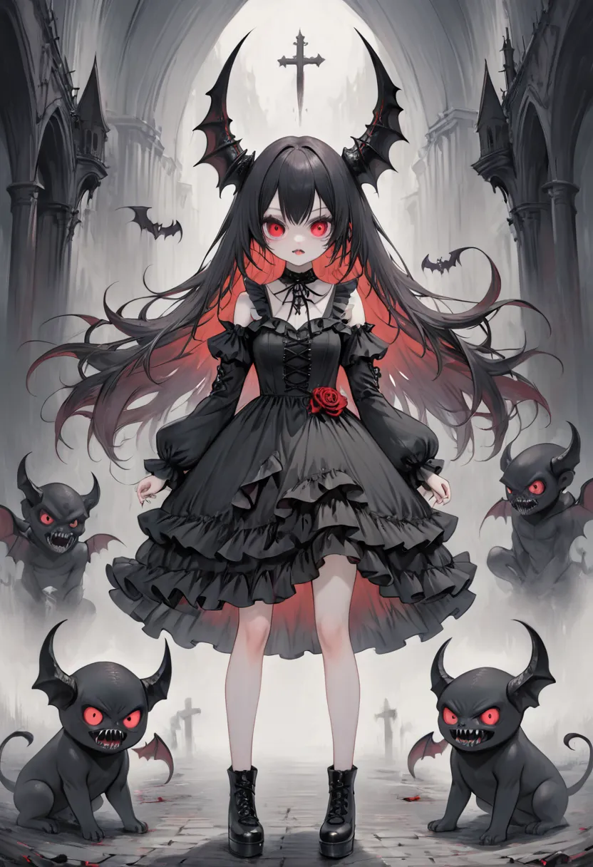 1girl,dark gothic,frill dress,demon church,growing eyes,cursed demon statue