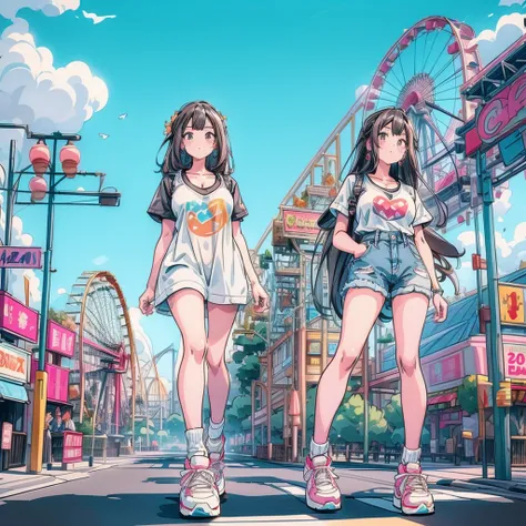 masterpiece　　Unreal Engine　Anime Style　Delicate painting　4K　90s　giant　crowd　 　amusement park　to　(((Giant girl in amusement park)))　Ferris wheel　Jet Coaster　　crowd　Scar　Big Breasts　White T-shirt　Summer clothes　Short sleeve　Private Server　sneakers　White sock...