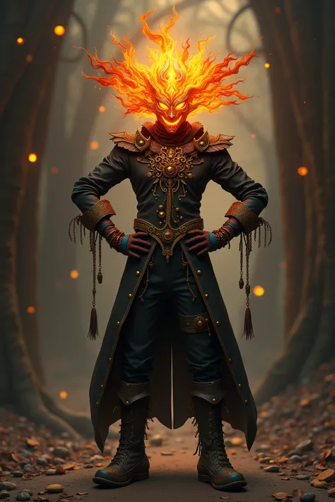 generate images of kawaii  character of (flame crystal head) zany scarecrow with a dark fantasy theme,(hands on hips:1.5), clothes must be highly intricate steampunk style, clothes must be inspired by flame, elegant, and visually striking, highly detailed ...