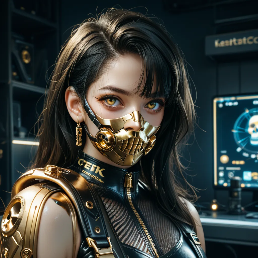 1 woman with black hair, gold tech eyes, gold skull mask over mouth, golden techwear, wearing leather, belts, boots and gloves, nightcity cyberpunk backdrop, golden tech arms, black eyes
