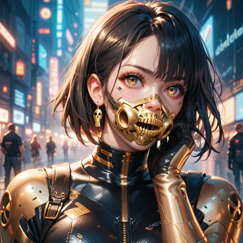 1 woman with black hair, gold tech eyes, gold skull mask over mouth, golden techwear, wearing leather, belts, boots and gloves, ...