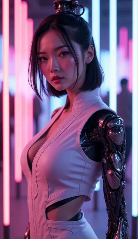 1 woman solo, perfect_hand, (8k, RAW photo, best quality, masterpiece:1.2), (realistic, photo-realistic:1.4), (extremely detailed CG unity 8k wallpaper),full body, (neon lights), machop, mechanical arms, hanfu, Chinese clothes, dress,