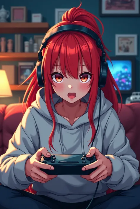 Landscape figure. Anime. Red-haired woman sitting in a game room, wearing headphones and holding a joy game