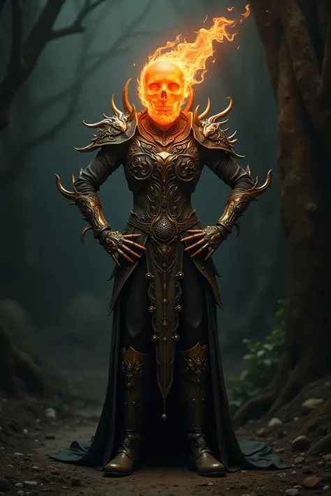 generate images of kawaii  character of (flame crystal head) zany scarecrow with a horror fantasy theme,(hands on hips:1.5), armor must be highly intricate baroque style, armor must be inspired by flame, elegant, and visually striking, highly detailed leat...