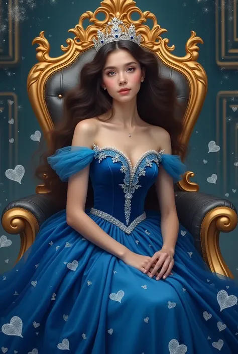 A 20 age princess with a  crown on his head and wearing royal velvit blue  dress, with a "whisper heart" design in the picture, sitting on a golden chair. The picture also has "whisper hearts" in it. make it human ai